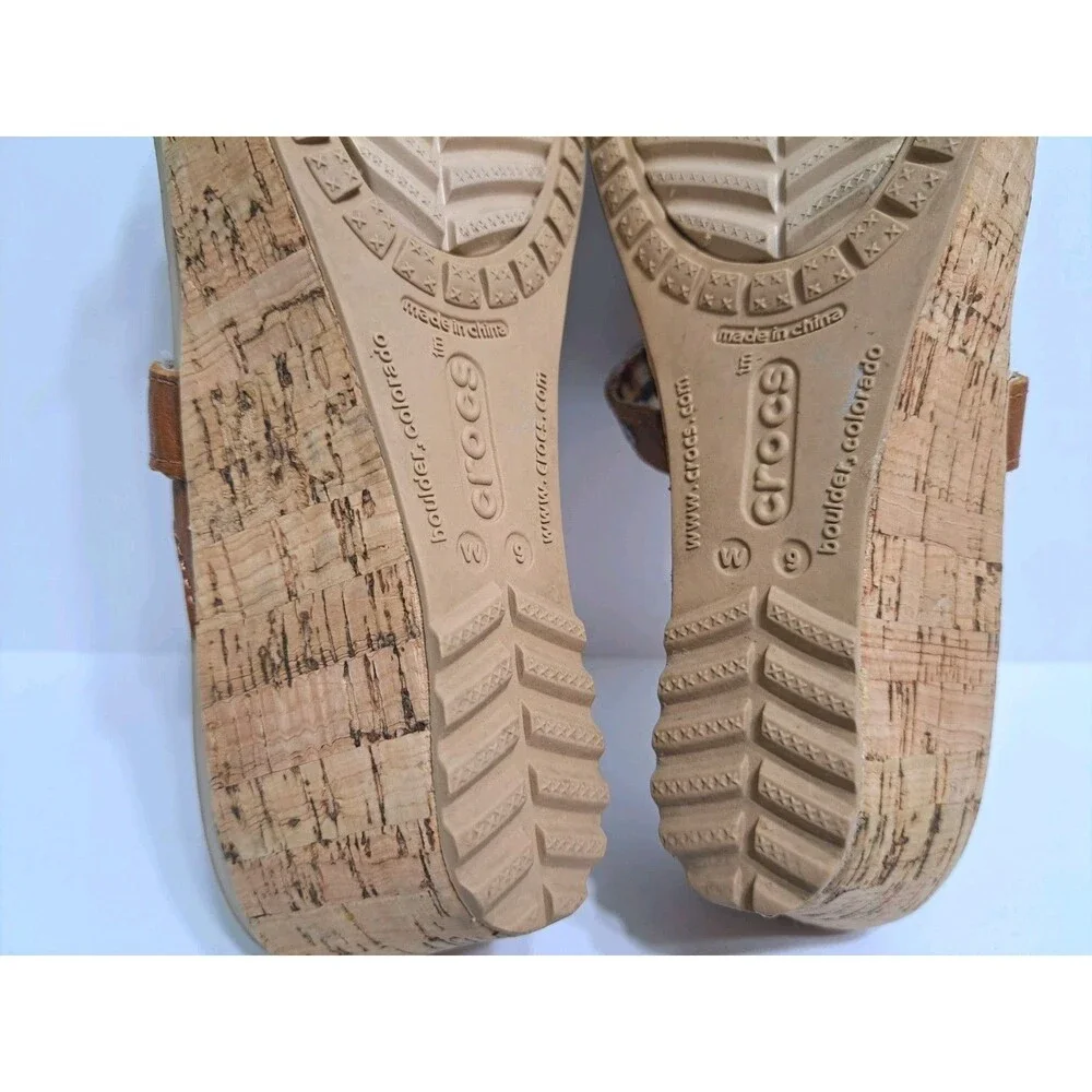 Crocs A-leigh Women's 9 Wedge Sandals Brown Leather Cork Strappy - Picture 10 of 10